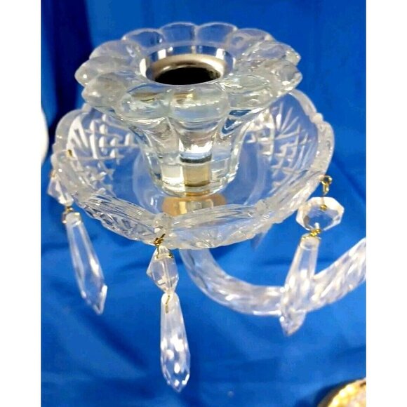 XL Cut Crystal 3 Arm Candlestick Candelabra  Prisms Hollywood Regency MCM Brass - Picture 8 of 10